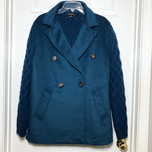 Ann Taylor Wool Blend Mixed Media Breasted Buttoned Blue Cable Cardigan LP - Picture 6 of 16